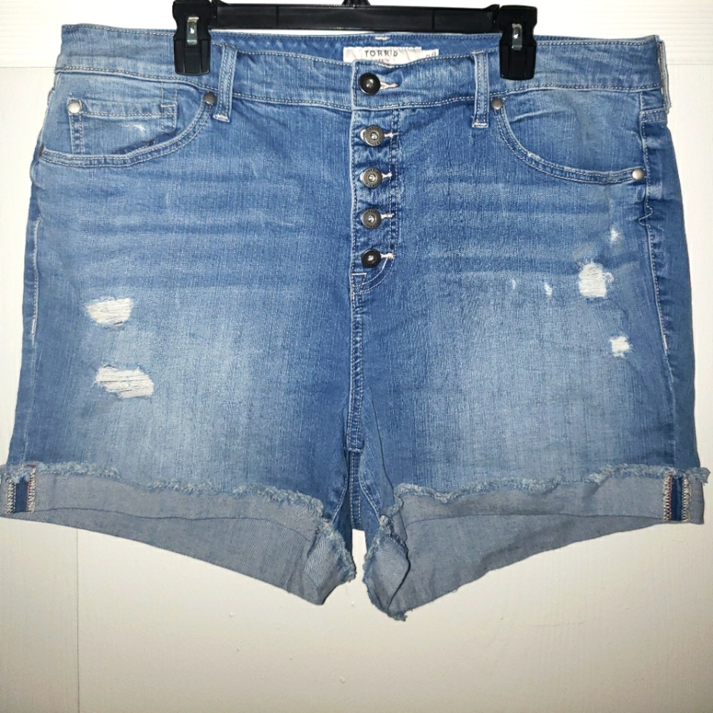 Button up distressed midi shorts